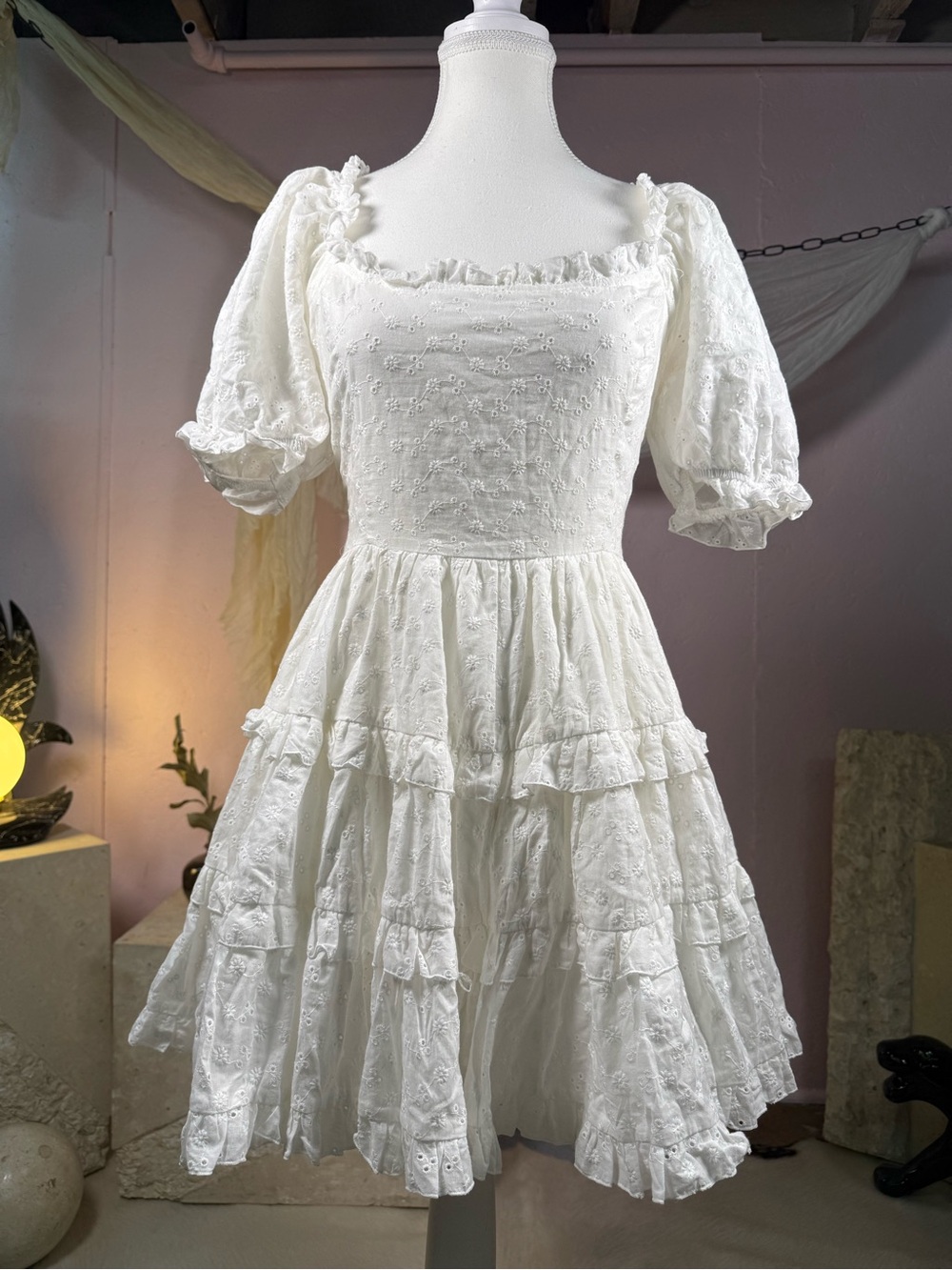 Sugar Thrillz White Lace-Up Eyelet Mini Dress Cottagecore Coquette Large